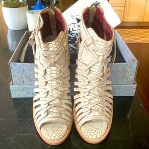 Beige multi ankle bootie/sandal with heel.